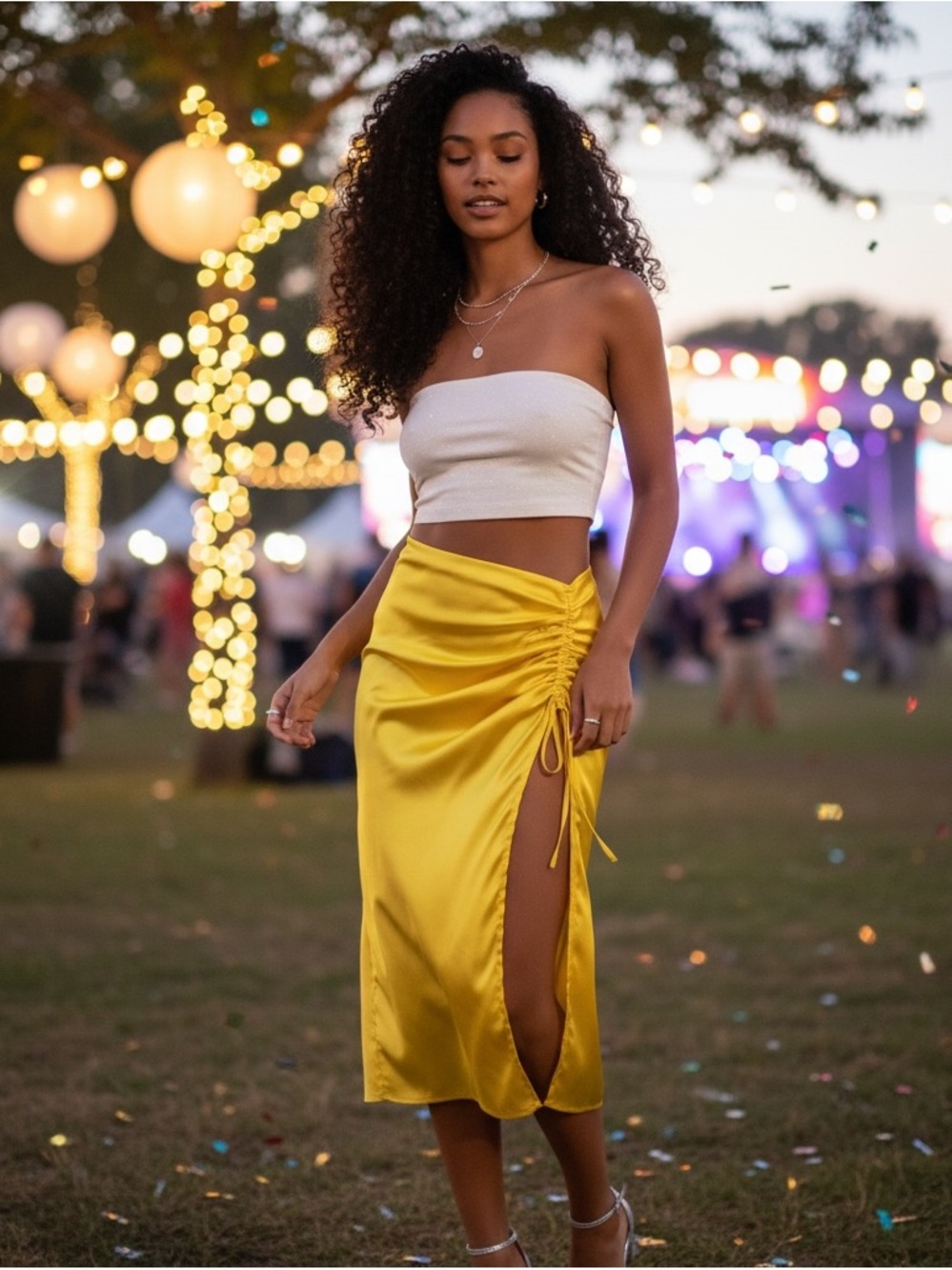 REVOLVE X superdown Kristie Ruched Midi Skirt Yellow Satin (Sample) size medium